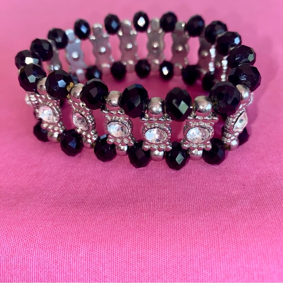 Black Silver Cuff Bracelet Beaded Stretchy Formal Wedding Guest Party Jewelry - Picture 6 of 7